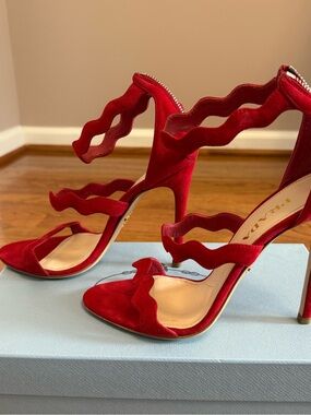Prada Red Scalloped Suede Stiletto Sandals